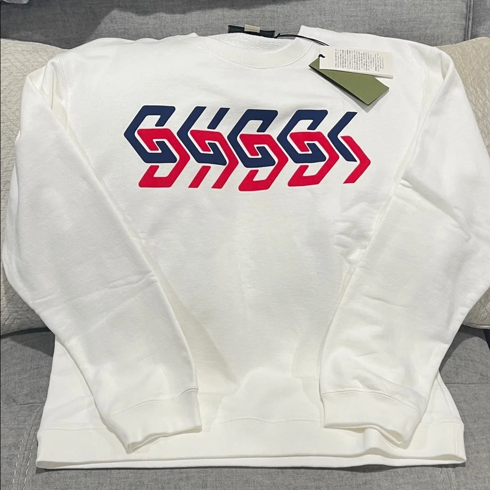 Gucci White Crewneck Sweater with Red and Blue Graphic